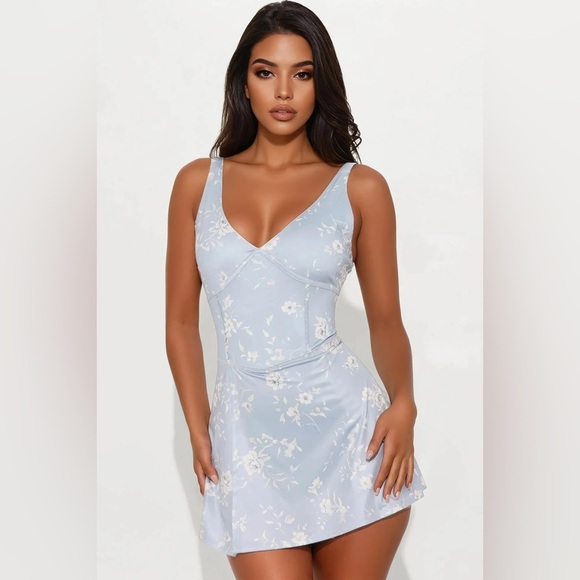 AS REVIVAL~ Light Blue Floral Romper Dress NWT Medium - Picture 1 of 8